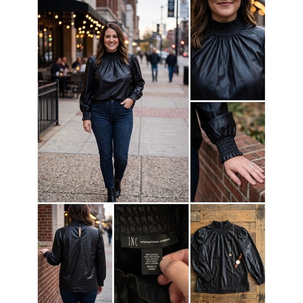 INC International Concepts Faux Leather Smocked Neck Puff Sleeve Blouse Black XL